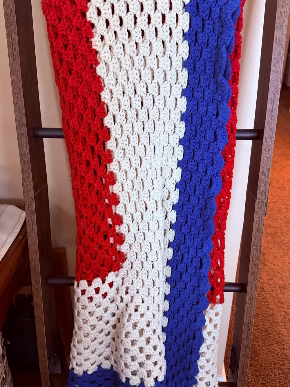 Vintage Large Handmade Red, White & Blue Crochet Afghan